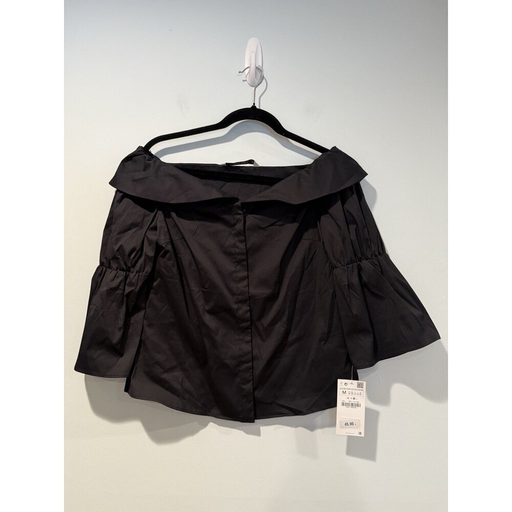 NEW Zara Button Down Top Small Black Off/On Shoulder Preppy Quiet Luxury Travel